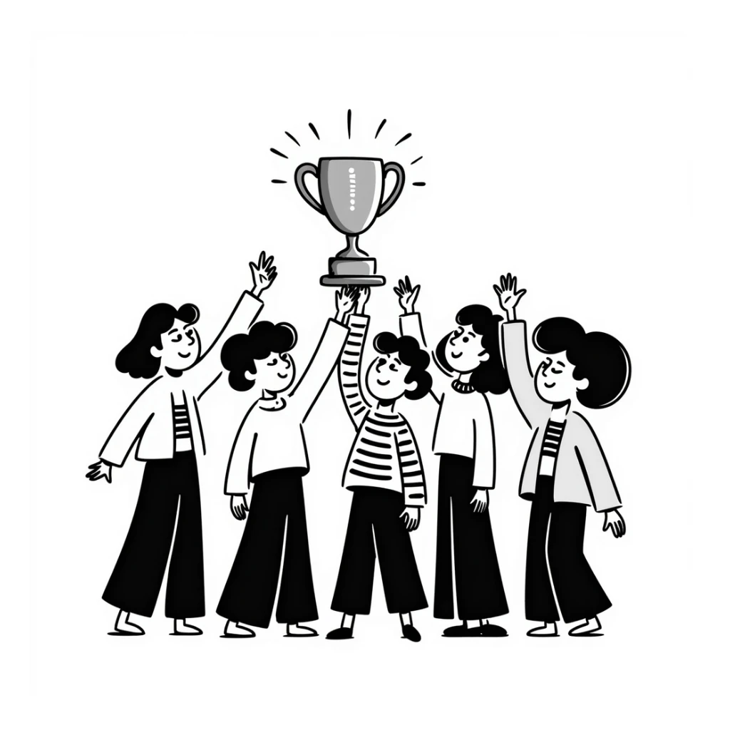 team celebrating with trophy sticker