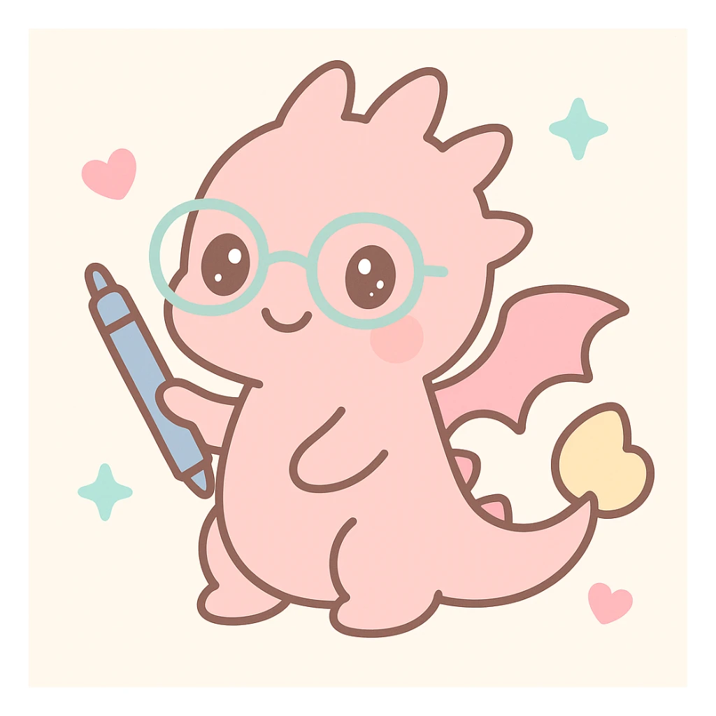A cute small fire dragon with glasses and a pen. sticker