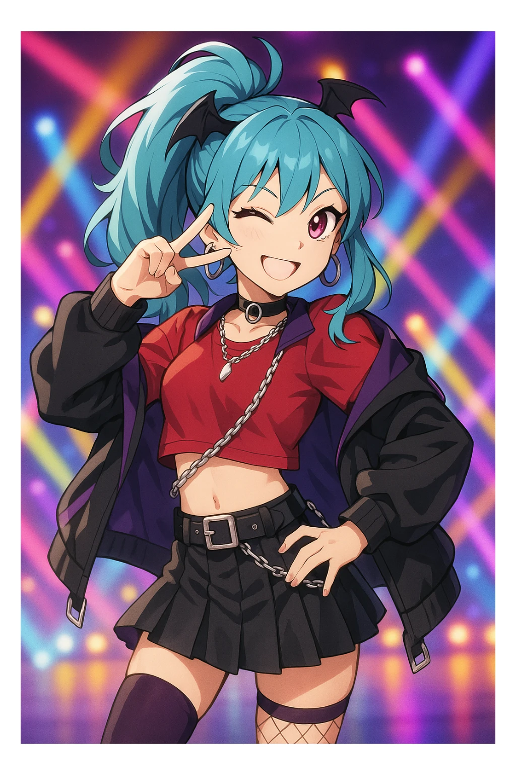 Rumi from Kpop Demon Hunters, playful pose, winking, colorful stage background, trendy K-pop attire, anime-inspired style sticker