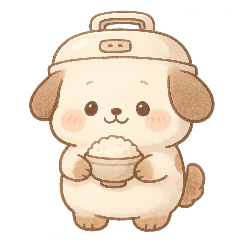 cute chibi soft fluffy rice cooker dog, round belly, holding a rice bowl, soft cream and brown tones, full-body sticker