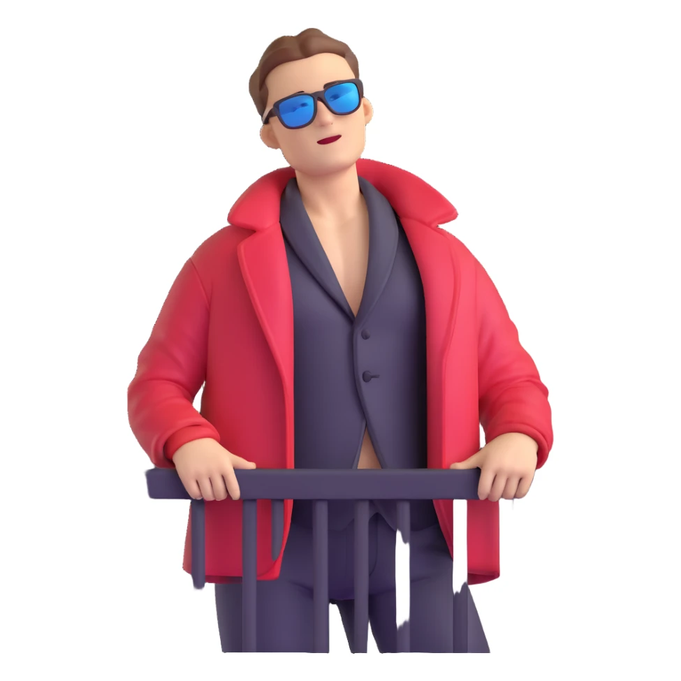 guy on balcony in winter with open jacket showing bare chest, wearing sunglasses, view from below sticker