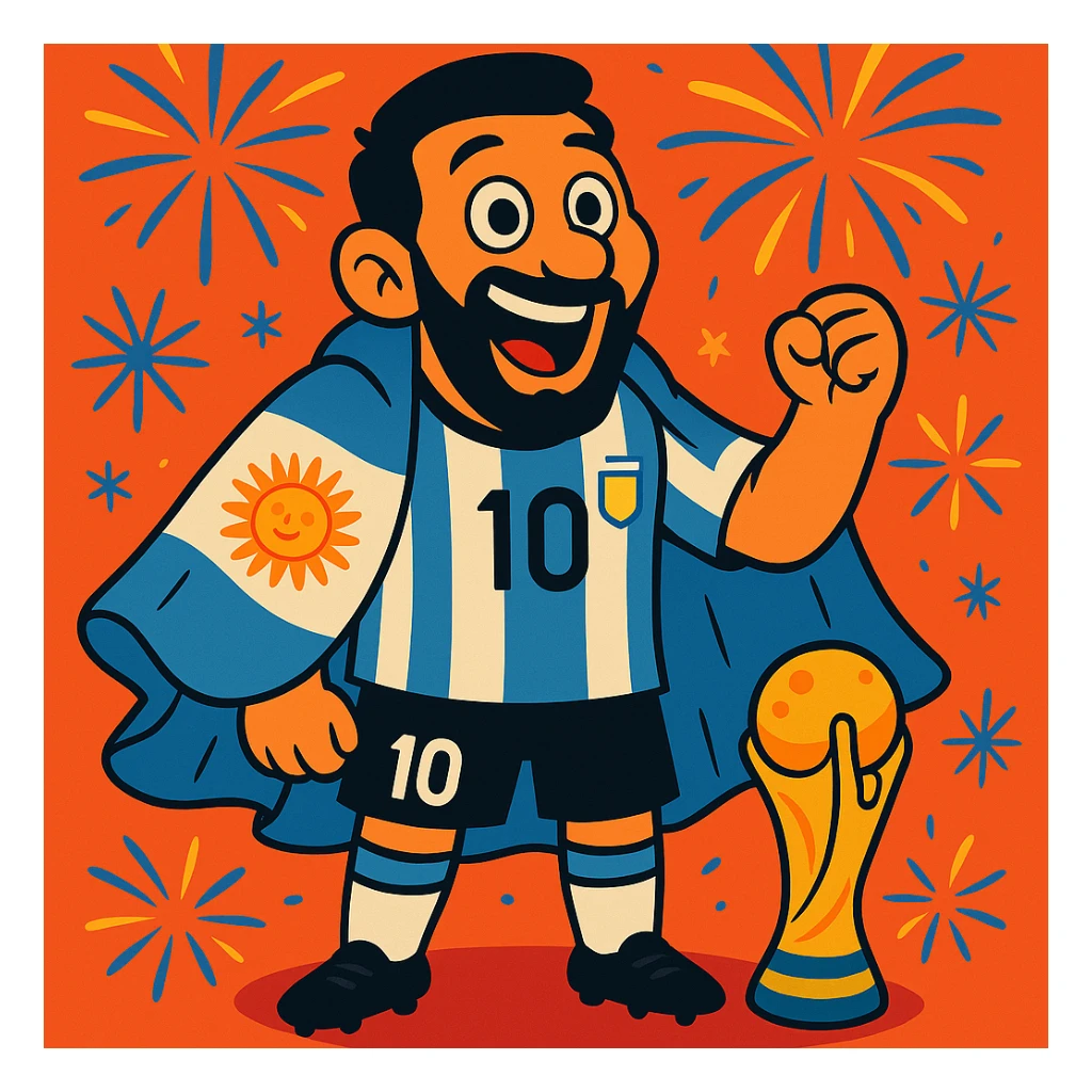 Make Messi look even more cartoonish and exaggerated, with larger eyes and expressive features, draped in Argentina flag, World Cup trophy at his feet, fireworks in background. sticker