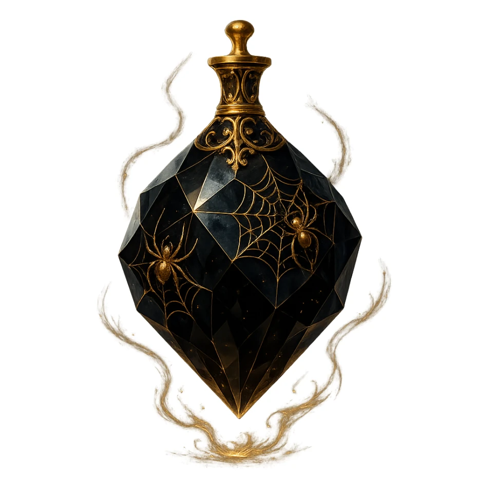 luxurious black crystal elixir bottle with many shining facets, ornate decorations including spiders and spider webs, golden details, magical effects, very small golden neck, transparent background, beautiful merging base, clearly floating in air without base or shadow, premium class impression, design matching a collection of crystal, luxurious, magical bottles sticker