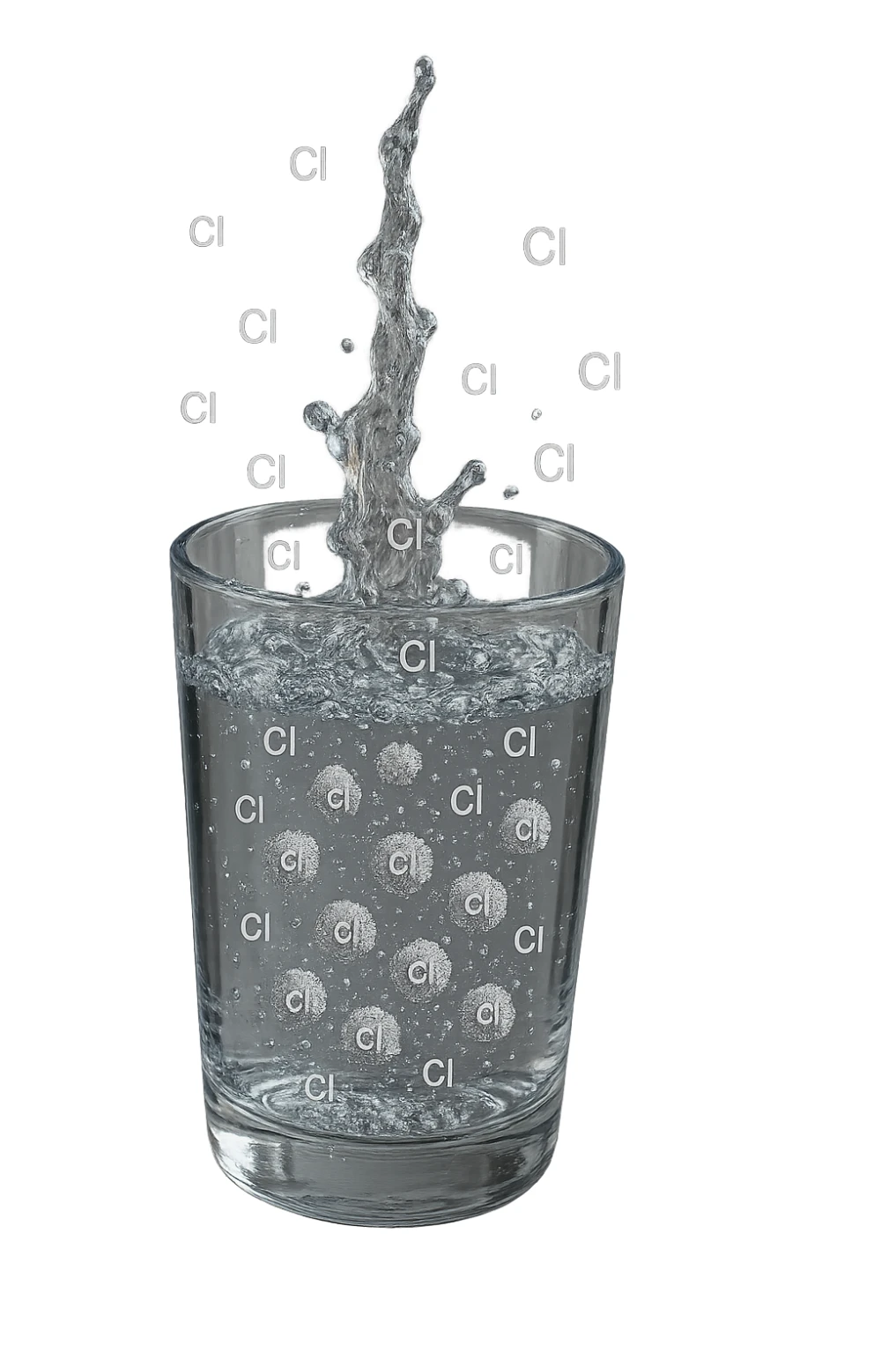 un bicchiere di acqua cade verticalmente dall'alto realistico e dettagliato, dentro l'acqua del bicchiere ci sono particelle di cloro ben visibili con la scritta "Cl" sopra, ci sono particelle anche che escono dal bicchiere e fluttuano in aria verticalmente, mentre alcune sono all'interno dell'acqua nel bicchiere, iperrealistico 4k sticker