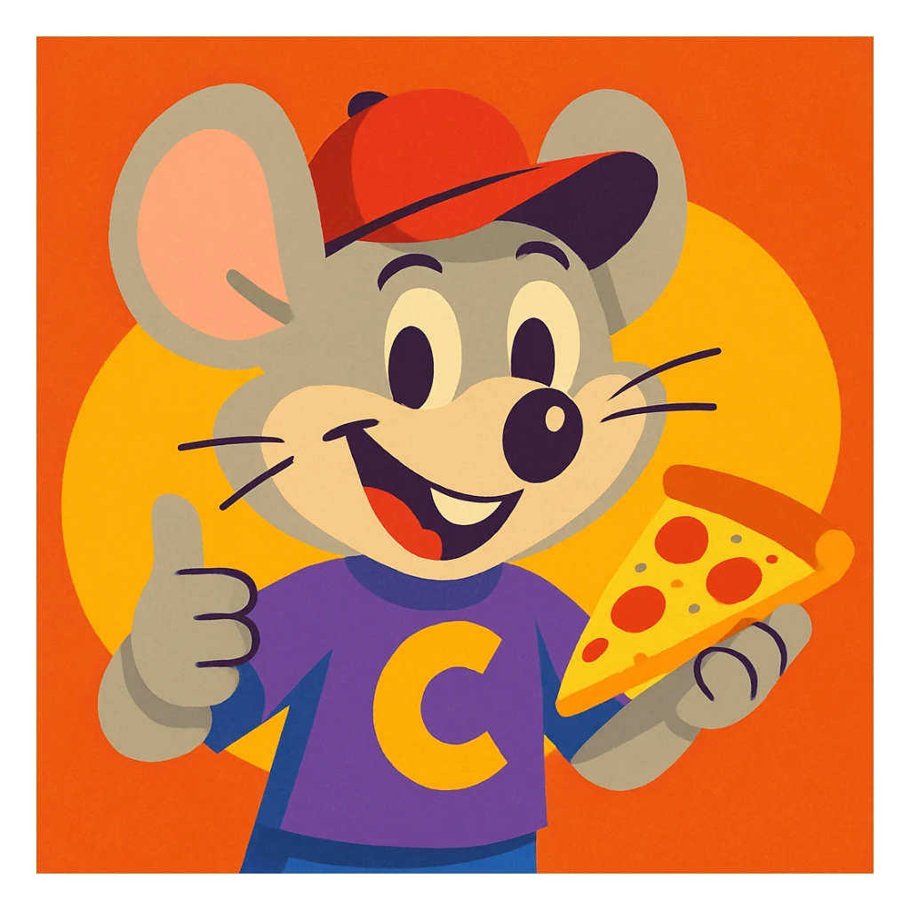 Chucky Cheese inspired character, cartoon mouse mascot, red hat, friendly smile, pizza theme, vibrant colors, cartoon style sticker