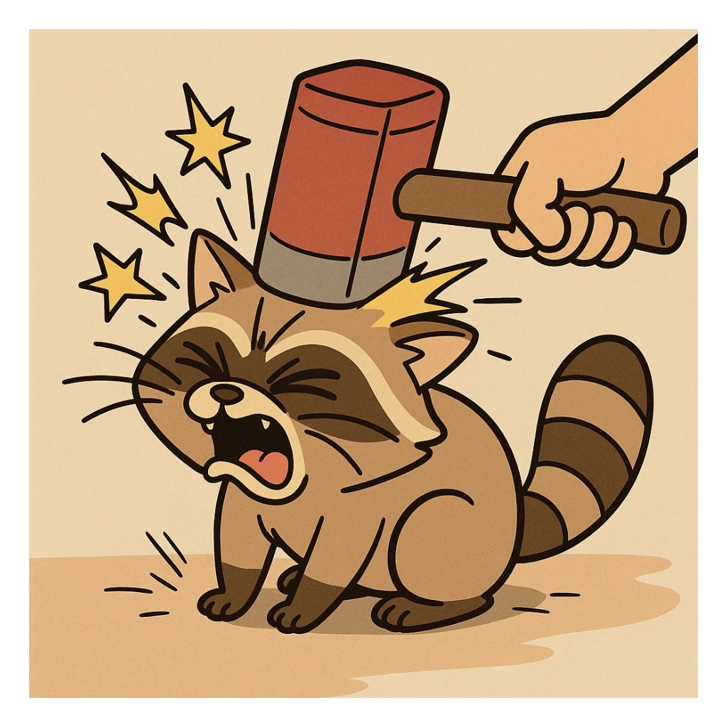 a little raccoon cat being hit by a hammer, exaggerated comic style sticker