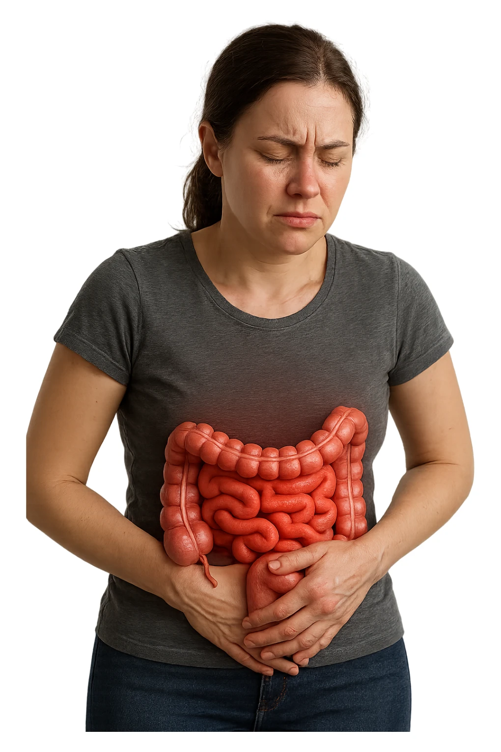 DONNA CON INTESTINO UMANO ANATOMICO IN EVIDENZA E MAL DI PANCIA, iperrealistico 4k, SFONDO BIANCO sticker