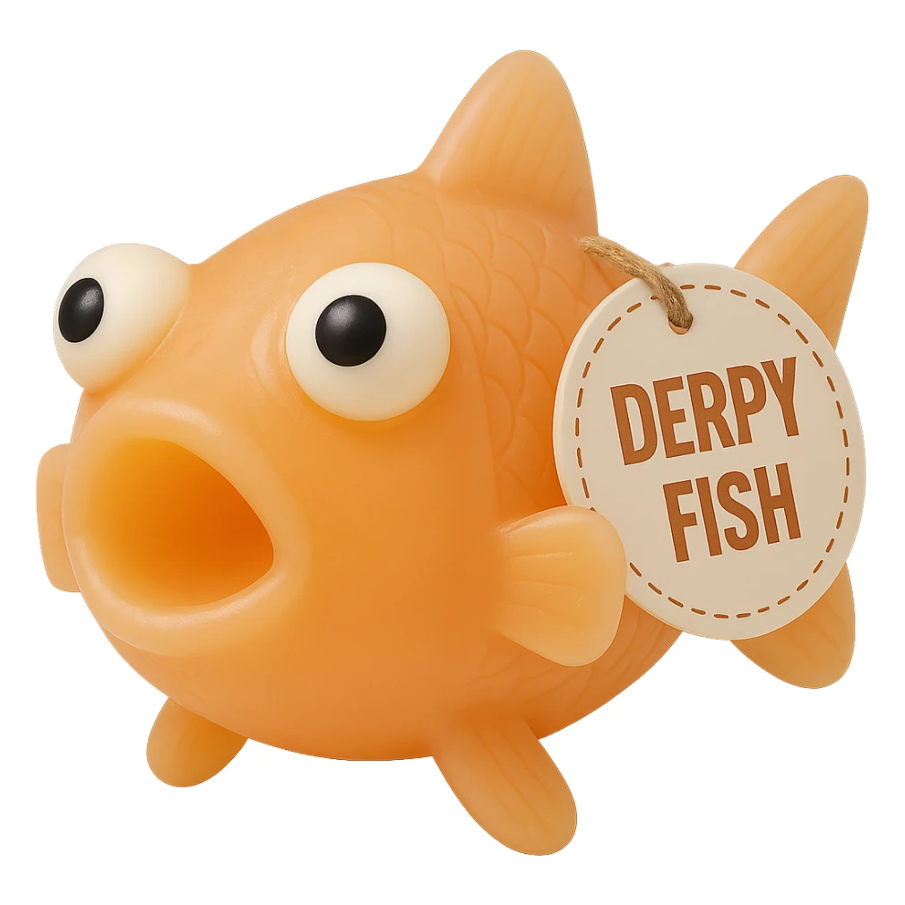Make the Derpy Fish with the tag look exactly like the second fish in color, transparency, and detail, but keep the original pose and tag from the first image. It should have a retro 90's toy look with derpy eyes, soft plastic texture, soft reflections, soft and squishy appearance, some cloudiness, not shiny, highly detailed and appealing. Match the color and transparency of the second image as closely as possible. Remove the background. sticker