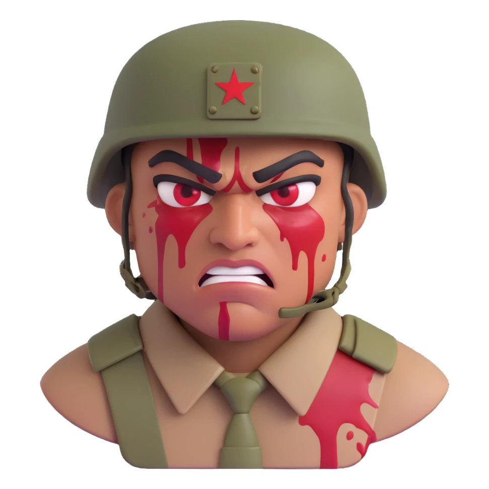 soldier with red skin tone, angry face, blood splatter on left cheek sticker