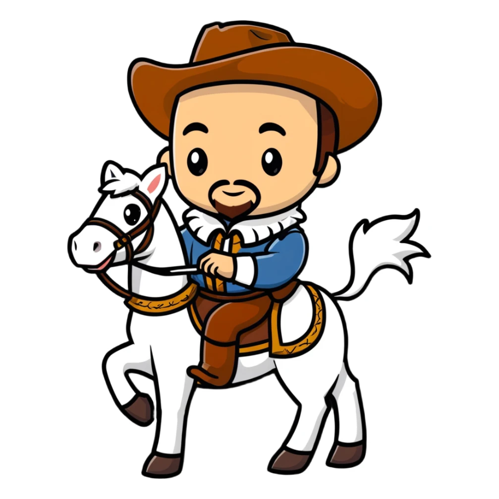 Cowboy Shakespeare with ruff collar and quill pen on a horse sticker