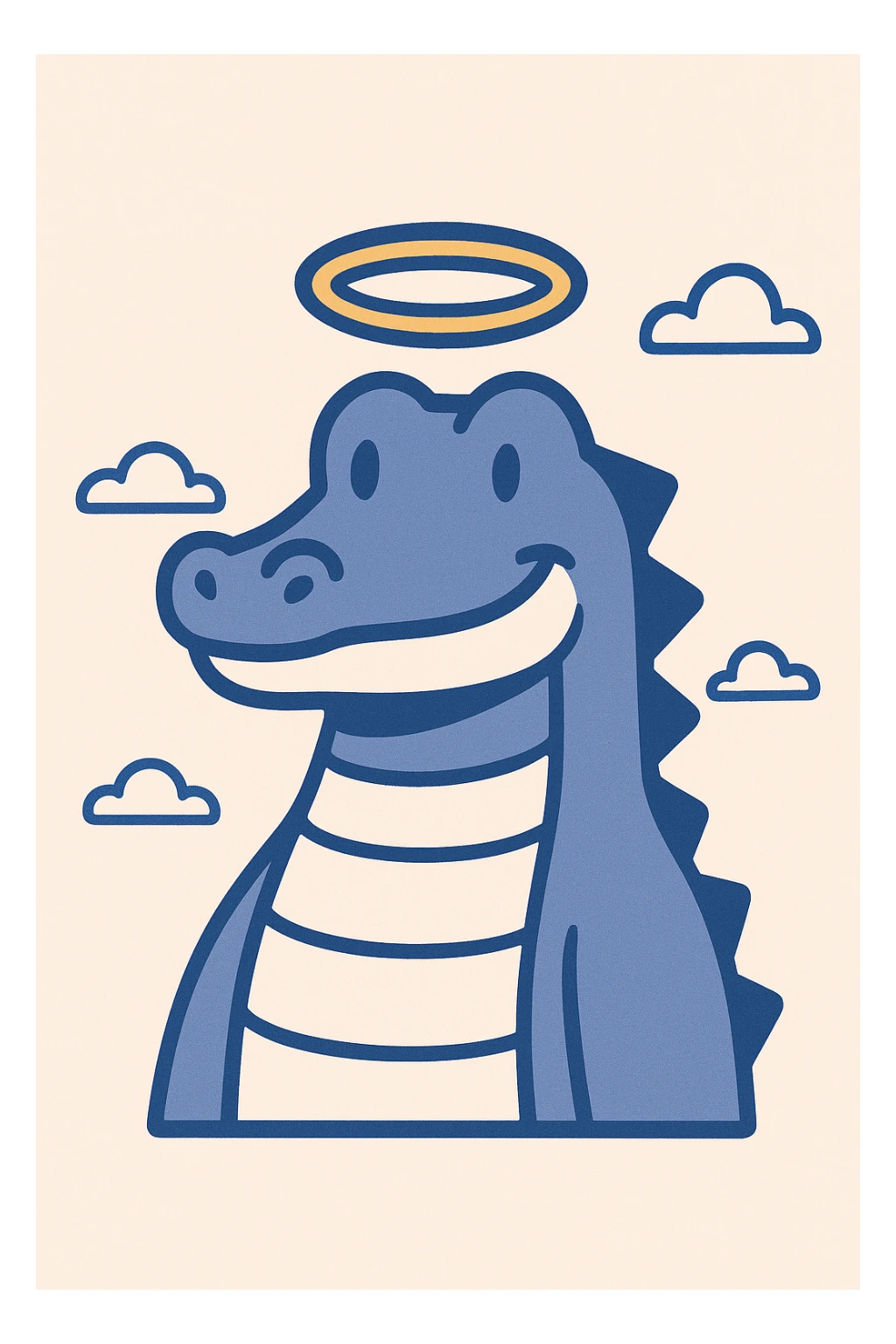 2D cartoon gator with a golden halo, smiling, minimal background sticker