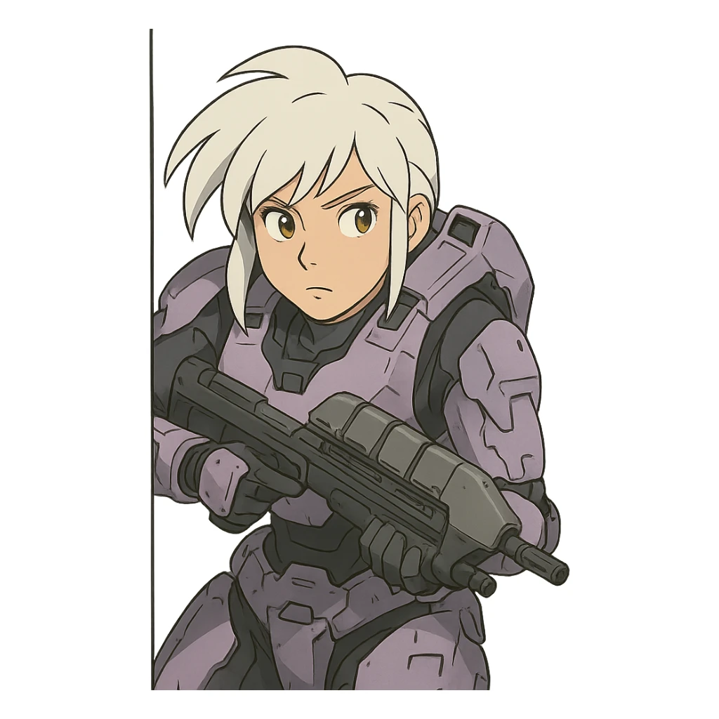 female, wearing reach spartan armor shoulder-unequip, long white braid hair with massive messy front side single bangs, gold yellow eyes, attention pose, HALO:series, no helmet, the armor is lavender color scheme, shoulder pad off. DDD bust size fitting. , peeking around a corner while aiming a classic HALO1 AR, tactical, lean sticker