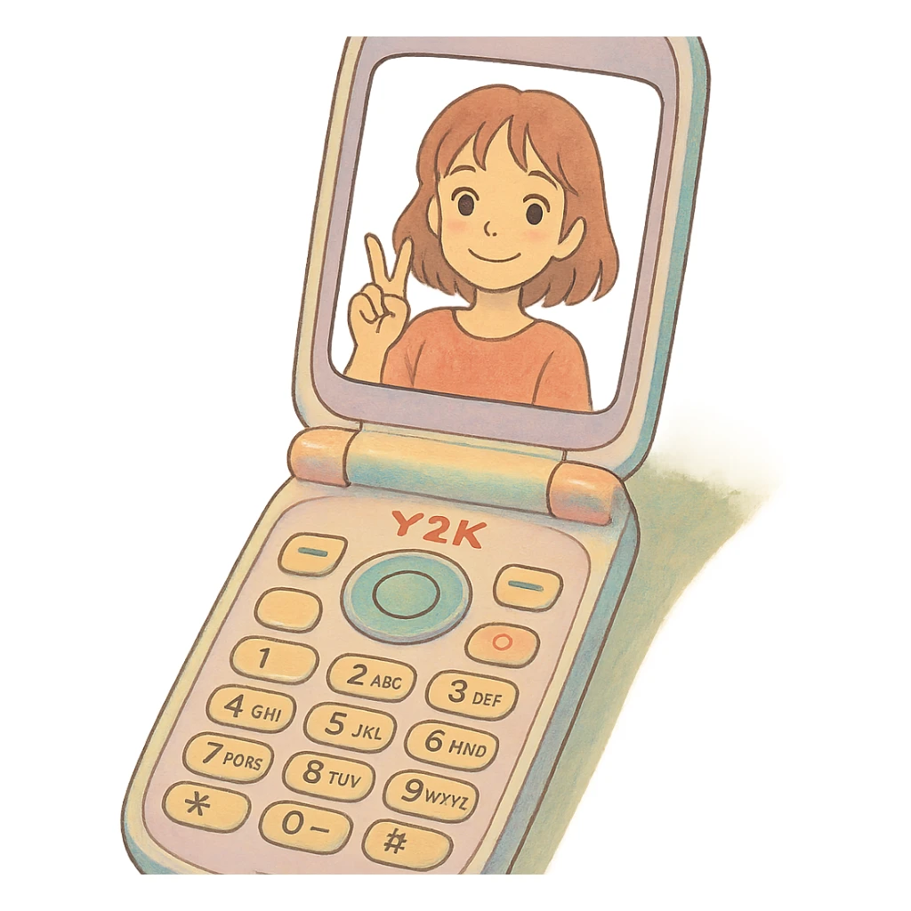 ghibli style Y2K folder phone, soft colors, whimsical, open with selfie sticker