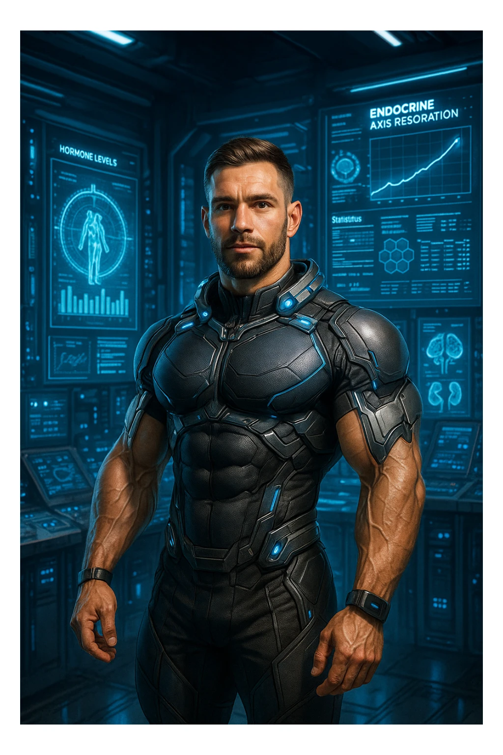 "Un uomo bodybuilder (30-35 anni) in un laboratorio biohacker futurista, circondato da ologrammi che mostrano il ripristino vigoroso del suo asse endocrino dopo una PCT di successo. in italiano sticker