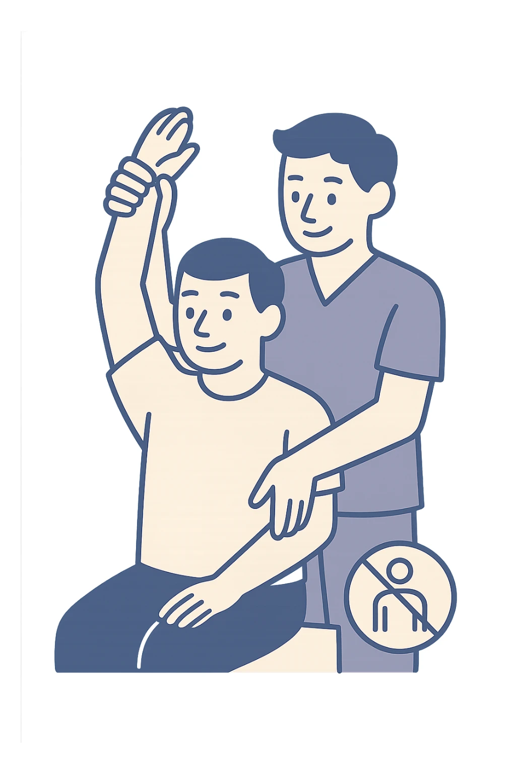 vertical illustration of a person doing passive arm stretching with a physiotherapist, with a symbol indicating not recommended for postural asymmetry, educational style, no background sticker