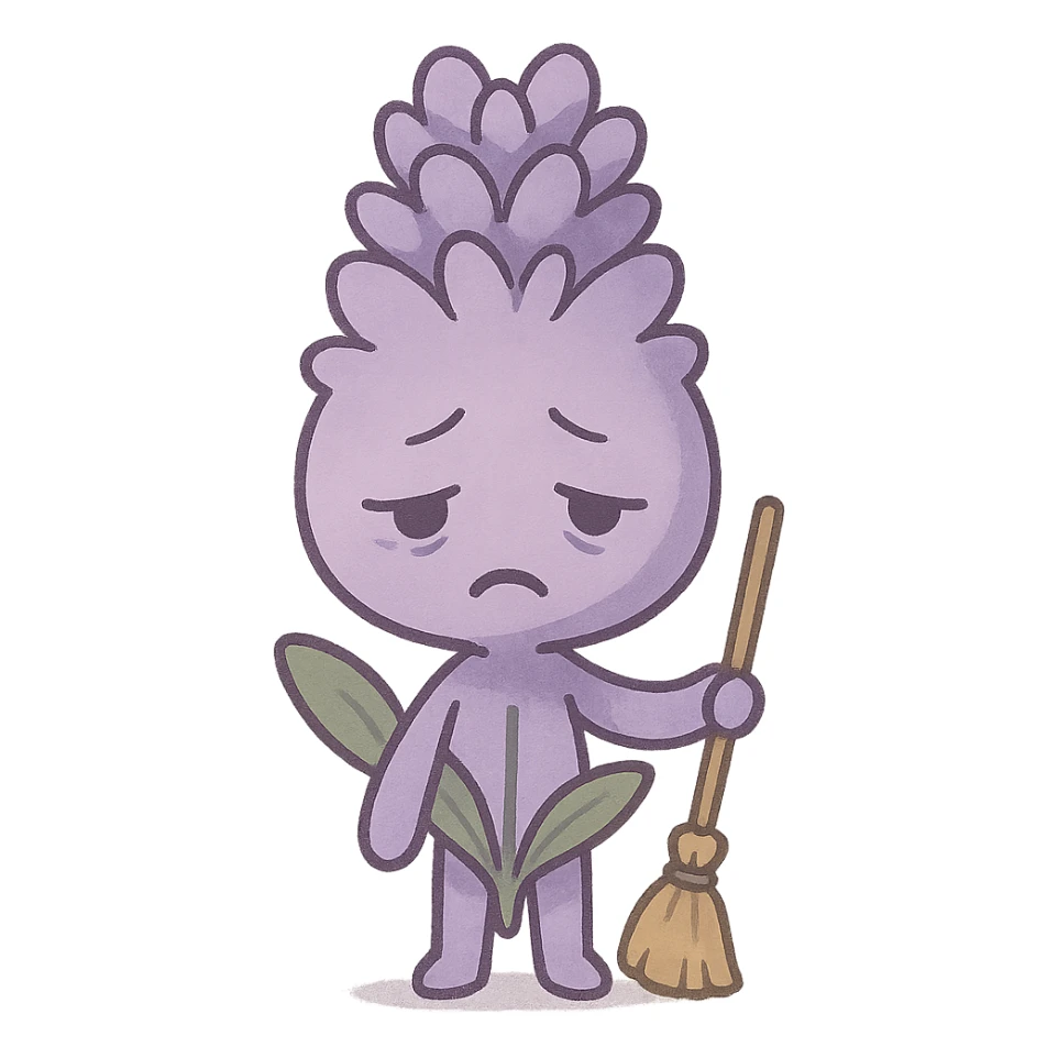 chibi style lavender flower, soft purple, holding a tiny broom, tired face, full-body sticker