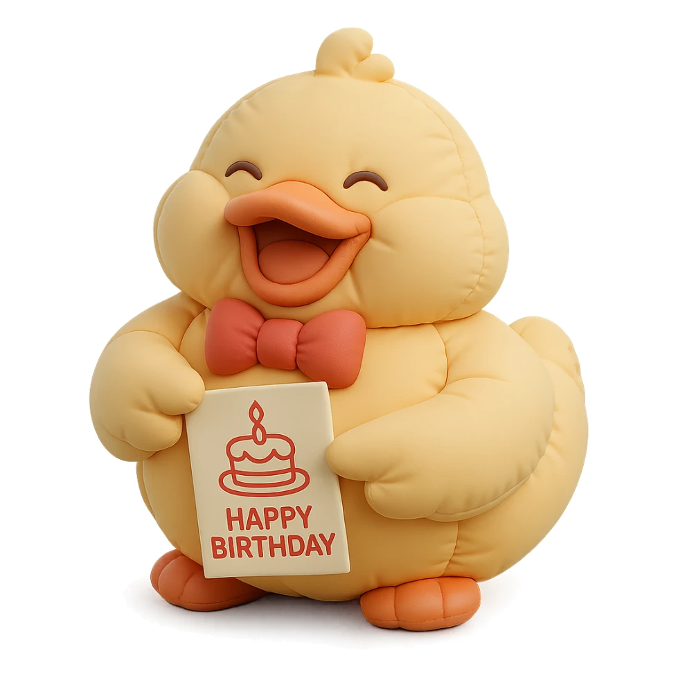 laughing duck with bowtie holding birthday card, flawless and visually perfect, no imperfections, cushion style sticker