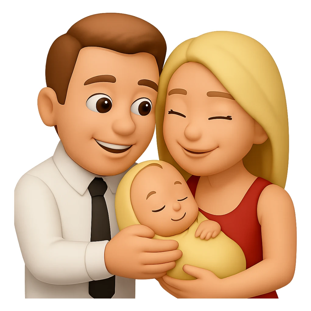 Edit the two emoji characters to hold a baby together, both smiling and looking at the baby with affection. Maintain a transparent background. The style should resemble the original emoji style but use the general editor for best editing support. sticker