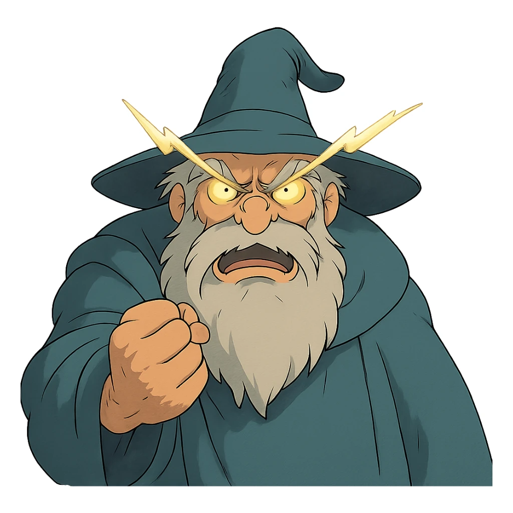 ghibli style angry wizard with lightning eyes and a balled up fist sticker