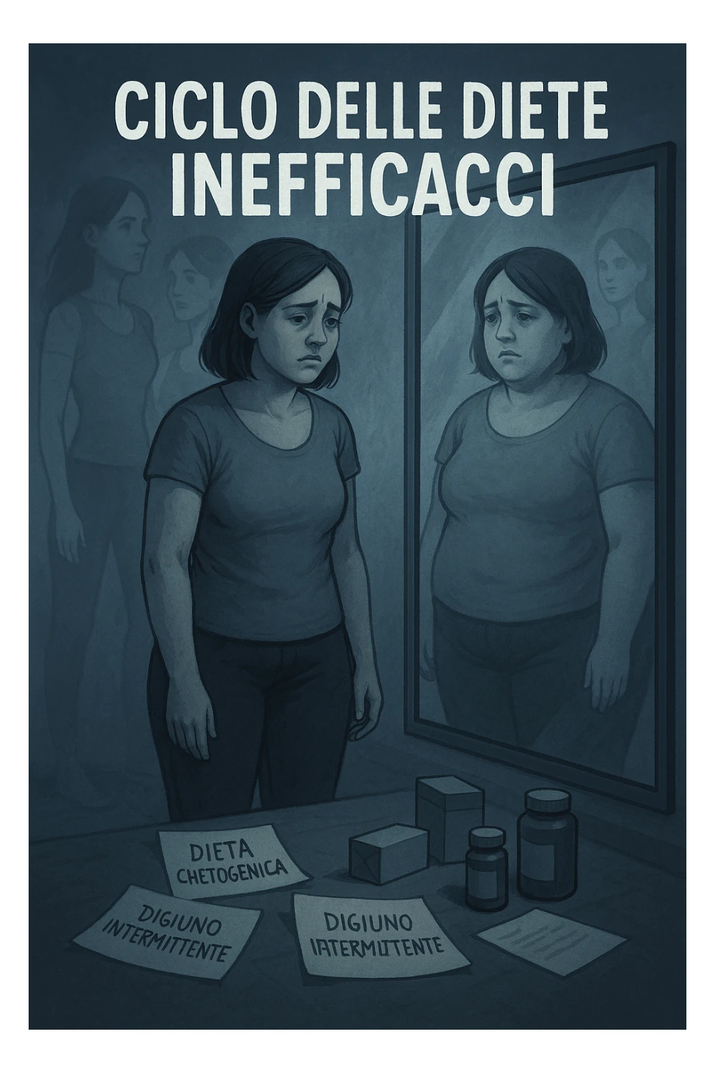 Donna tra i 30 e i 40 anni, in piedi davanti a uno specchio, con espressione delusa e stanca. Accanto a lei, sul pavimento, scatole di integratori, foglietti con scritte tipo 'Dieta chetogenica', 'Digiuno intermittente', 'Dieta ipocalorica'. Riflesso nello specchio mostra una versione di sé con peso aumentato, come se fosse tornata indietro nel tempo. Attorno a lei, immagini sbiadite o sovrapposte di sé in passato, quando era dimagrita. Atmosfera emotiva, simbolica, con luce fredda e sfumature di frustrazione. Messaggio visivo forte: 'ciclo delle diete inefficaci' in italiano sticker