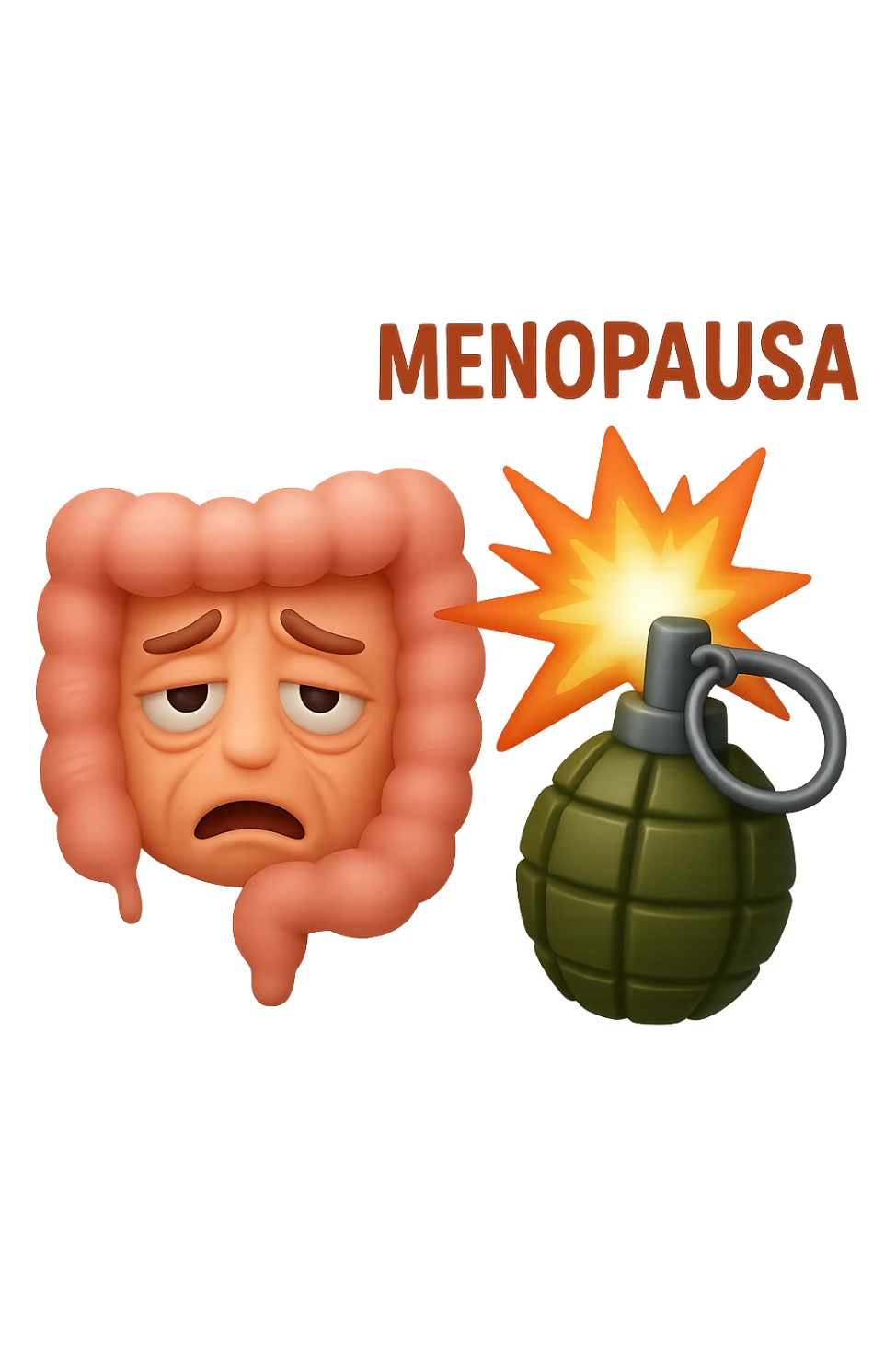 EMOJI STILE IPHONE 3D DI INTESTINO ANZIANO CON RUGHE SFINITO CON ESPRESSIONE STANCA, ACCANTO A LUI SCOPPIA UNA GRANATA 3D CON LA SCRITTA "MENOPAUSA" SOPRA sticker
