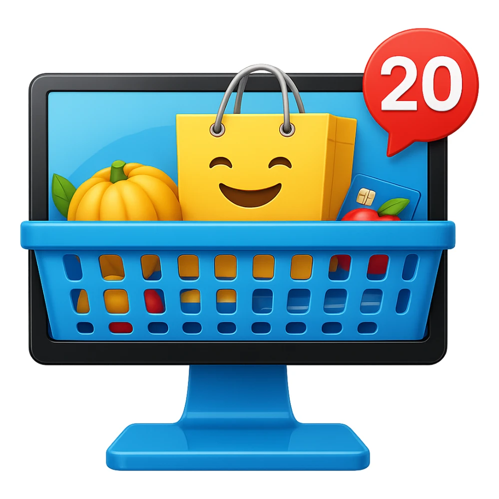 Create a high fidelity emoji style variant with smooth edges featuring a desktop monitor, shopping basket, emoji shopping bag, and a credit card as in the reference image. sticker