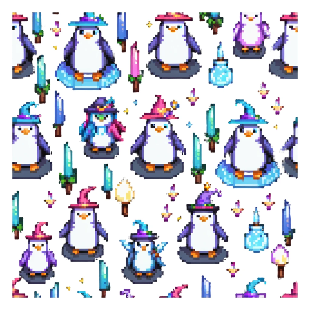 penguin wizard with magical sparkles, a unicorn, fairy, and tiny goblin companion in a pixelated fantasy world sticker
