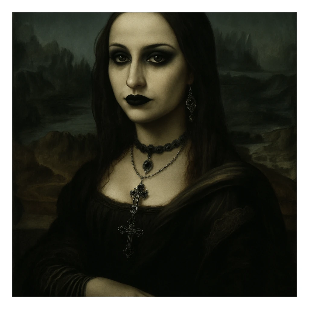 Mona Lisa as a goth, black lipstick, dark eyeliner, gothic jewelry sticker