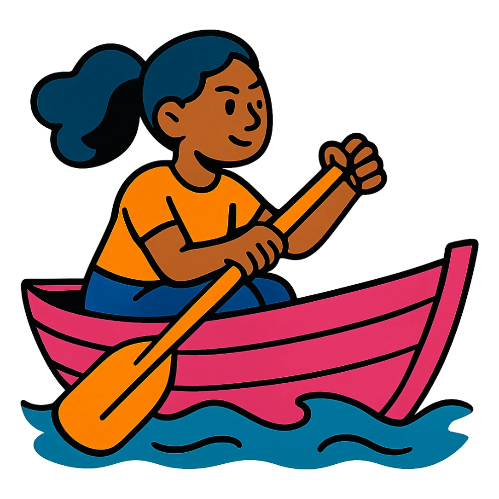 woman rowing a pink boat in vibrant toon style sticker