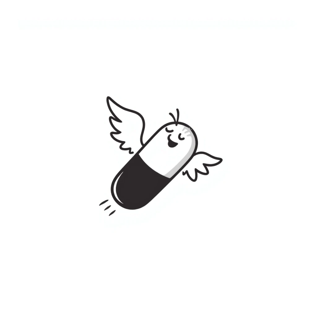 Medicine pill or capsule with small wings attached, flying through the air sticker