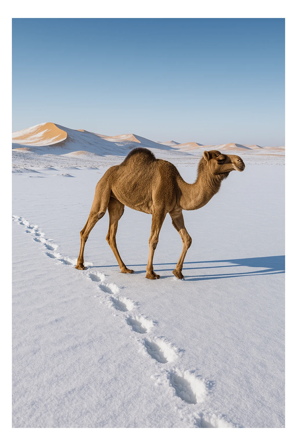 camel walking through a snowy desert, footprints in the snow, distant dunes sticker