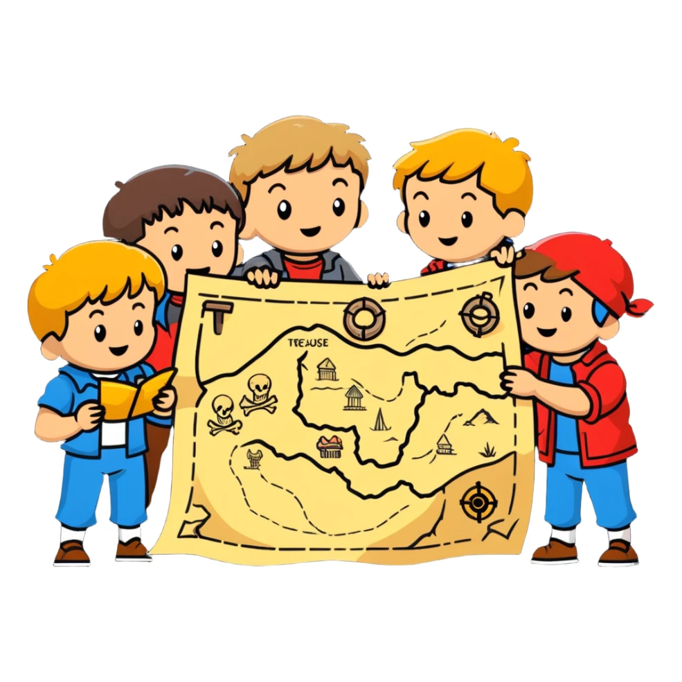 group of goonies kids examining a treasure map sticker