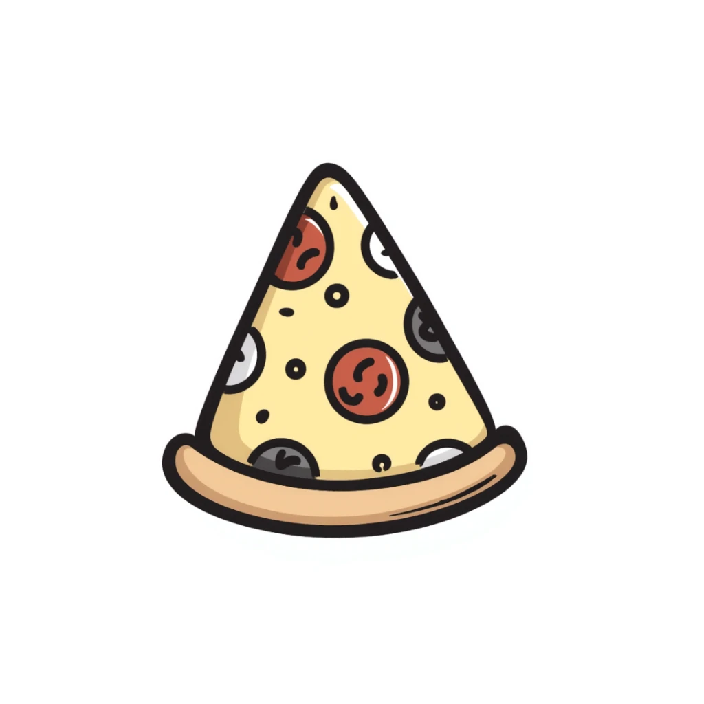 a slice of pizza with toppings in pastel colors dd9fb0, ffc6d3, a3bfc9, c4bee2, f1b091, hand-drawn doodle style sticker