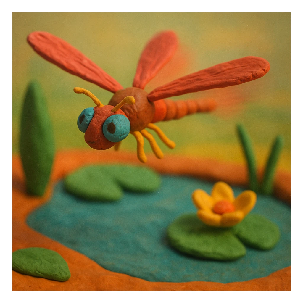 claymation style dragonfly flying with a blurred motion effect, colorful pond background sticker