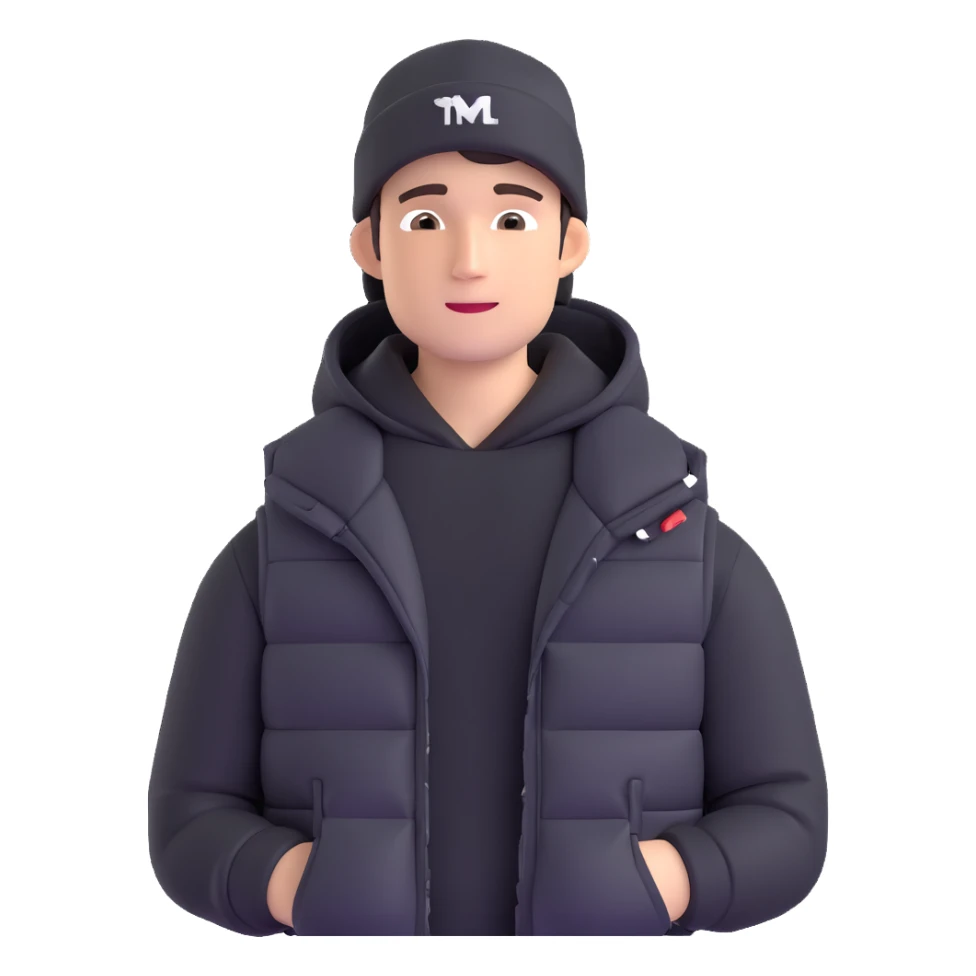 A guy in a hat, black hoodie, and a puffer vest sticker