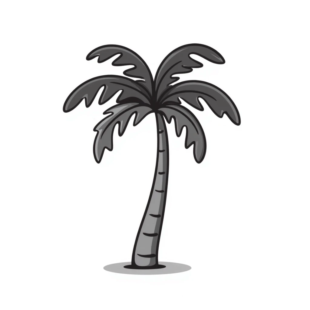 a palm tree with a curved trunk and large fronds, pastel colors dd9fb0, ffc6d3, a3bfc9, c4bee2, f1b091, detailed hand-drawn doodle style sticker
