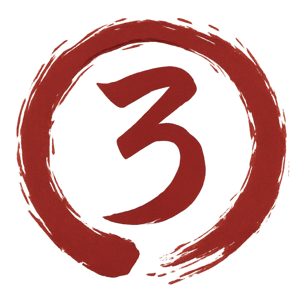 Edit the image to depict the number 3 in a Chinese Eastern style with a rich red color. The number should have a calligraphic form similar to the reference. Surround the number with a torn, smeared circular frame in the style of a Japanese enso, with edges that are highly artistic and messy. The inside of the circle should have a transparent background and no decoration. sticker