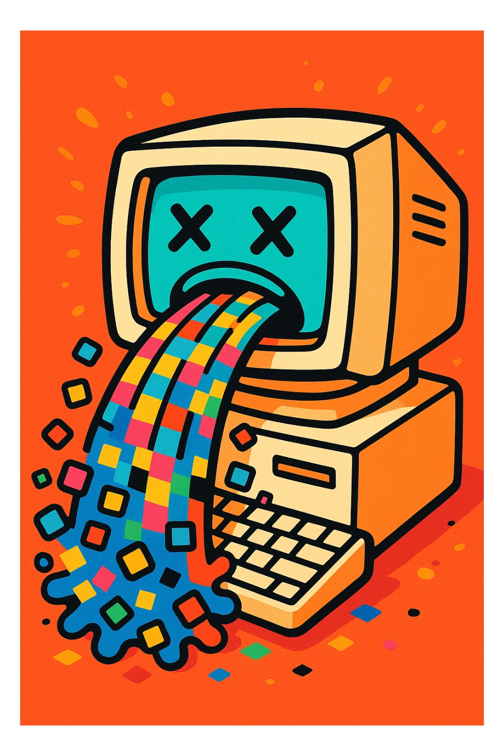 old computer monitor vomiting colorful pixels, vibrant cartoon style sticker