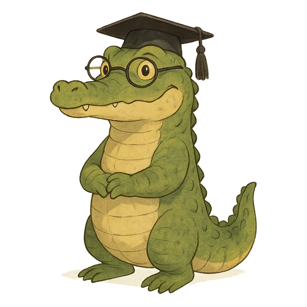 ghibli style academic alligator wearing glasses and a graduation cap, white background sticker