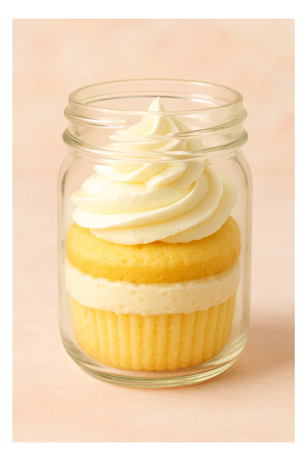 a vanilla cupcake in a transparent jar, layered look, light yellow cake, white frosting, playful and sweet sticker