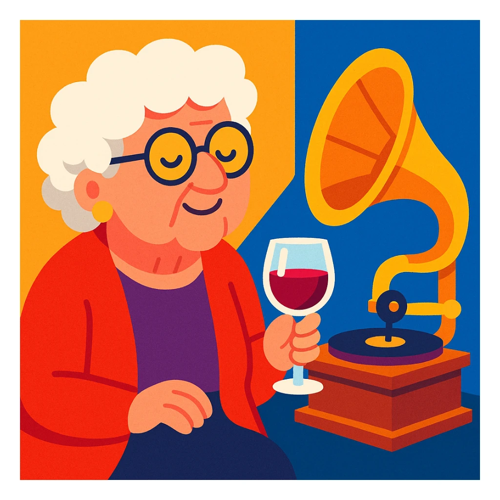 old lady with wineglass listening to gramophone sticker