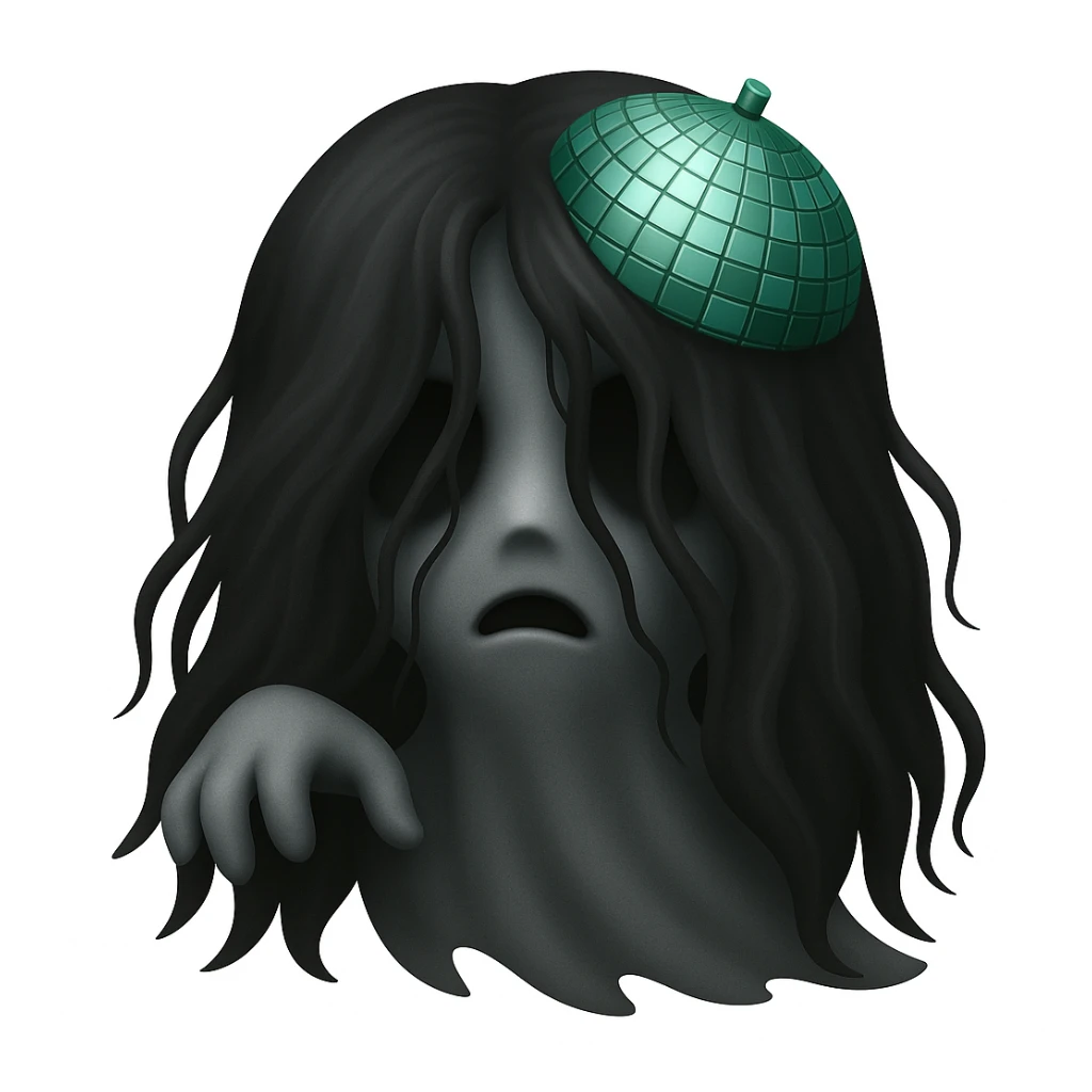 Turn the girl with green disco ball into a ghost, using the reference photo for ghostly hair and pose, keep the disco ball green, in the style of emoji style. sticker