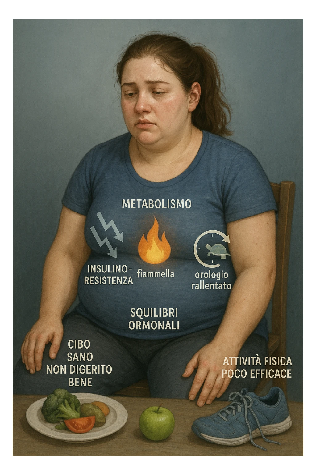 Donna tra i 25 e i 35 anni con fisico leggermente gonfio e postura affaticata, seduta con sguardo stanco. In trasparenza sul suo corpo, si vedono elementi simbolici: una fiamma metabolica molto piccola nel centro dell’addome, una tartaruga accanto a un simbolo di orologio rallentato, indicatori visivi di insulino-resistenza e squilibri ormonali. Intorno a lei: cibo sano non digerito bene, attività fisica poco efficace. Colori spenti attorno al corpo, con toni freddi e lentezza visiva. Stile realistico con elementi infografici e simbolici integrati IN ITALIANO sticker