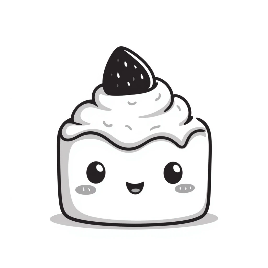 cute strawberry cake with whipped cream, smiling face, kawaii, soft light, hand-drawn look sticker