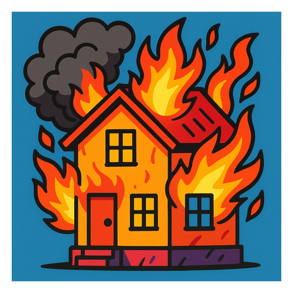 a house with smoke and fire, expressive illustration, dynamic, bold colors sticker