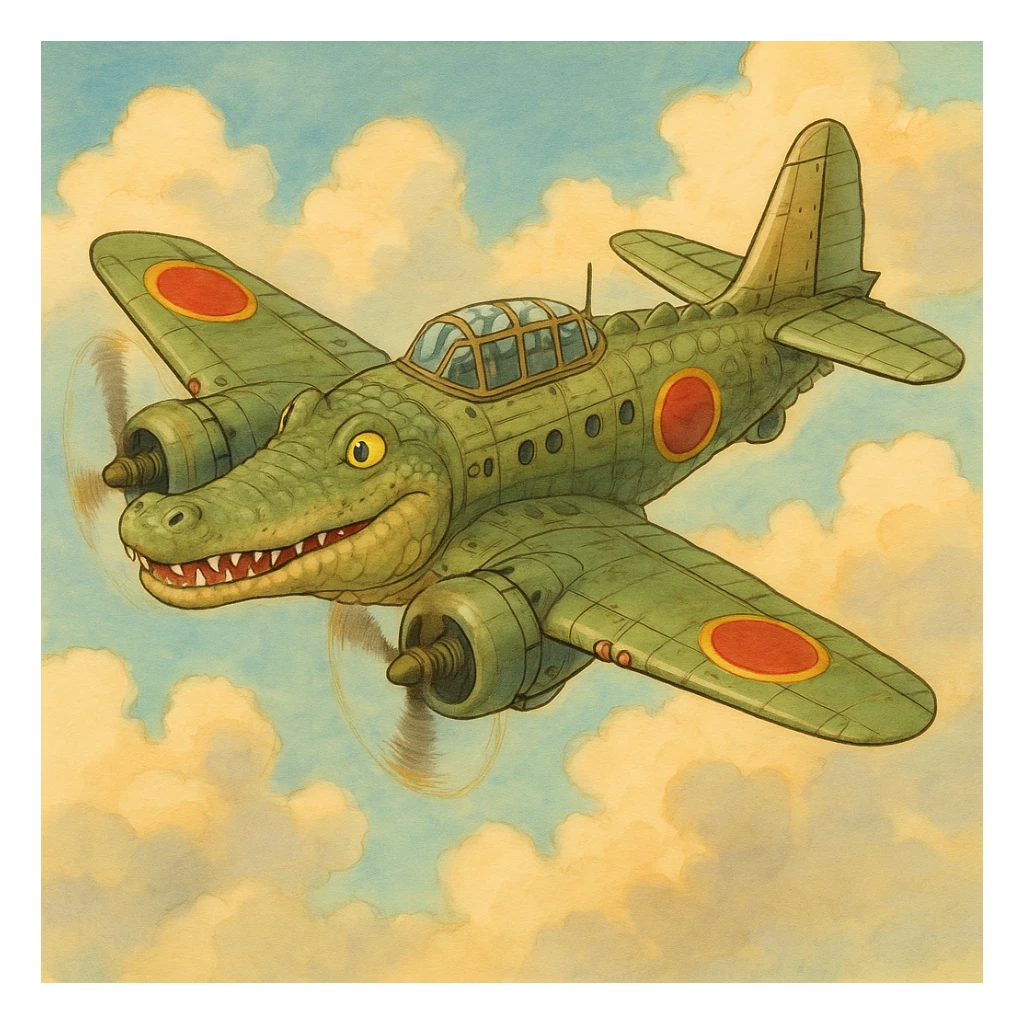 ghibli style crocodile as a bomber plane, whimsical and detailed sticker