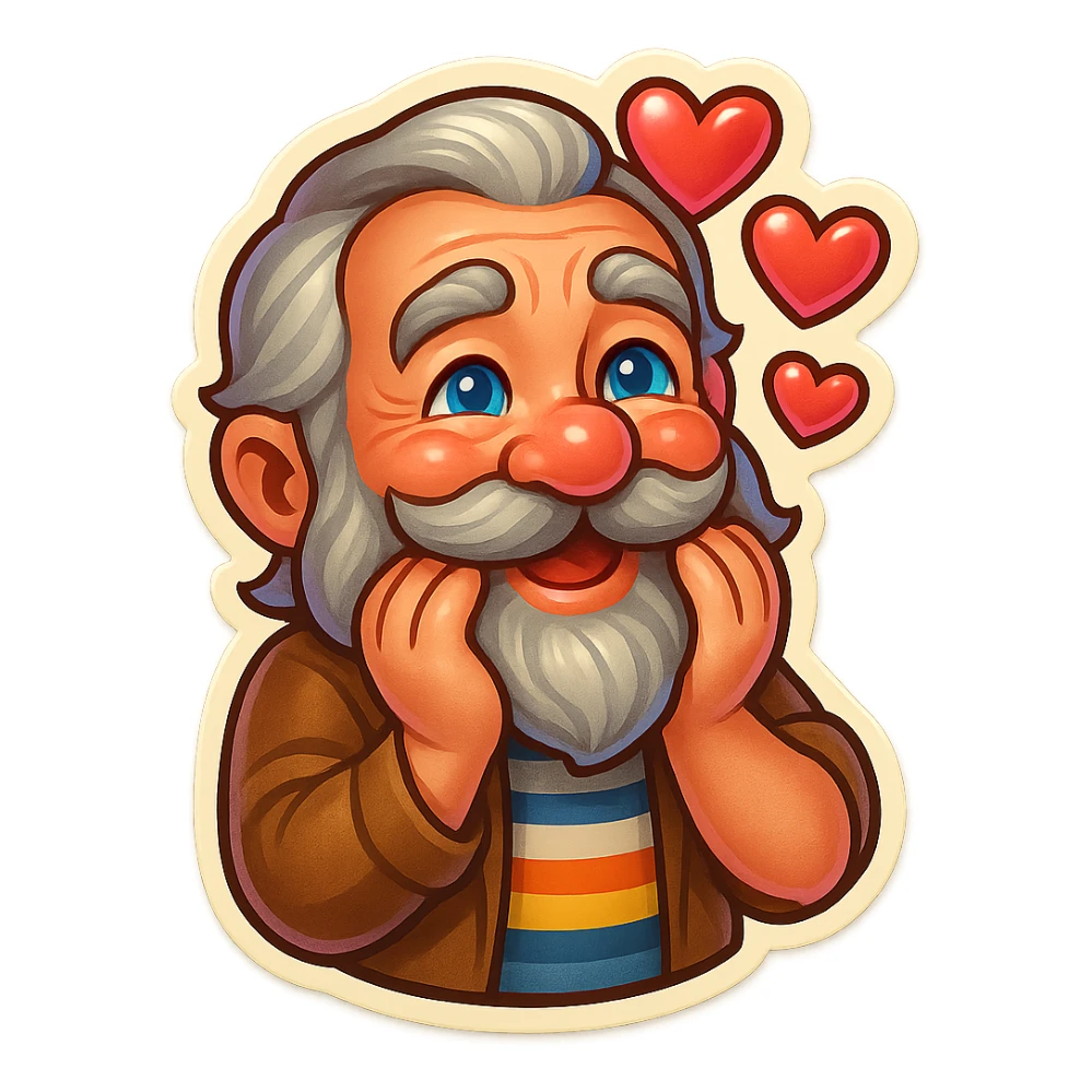 A dwarf with gray hair, a gray mustache, a gray beard, and gray eyebrows. He has blue eyes and wrinkles on his forehead. He is wearing a striped t-shirt and a brown jacket. The dwarf is displaying a love emotion. sticker