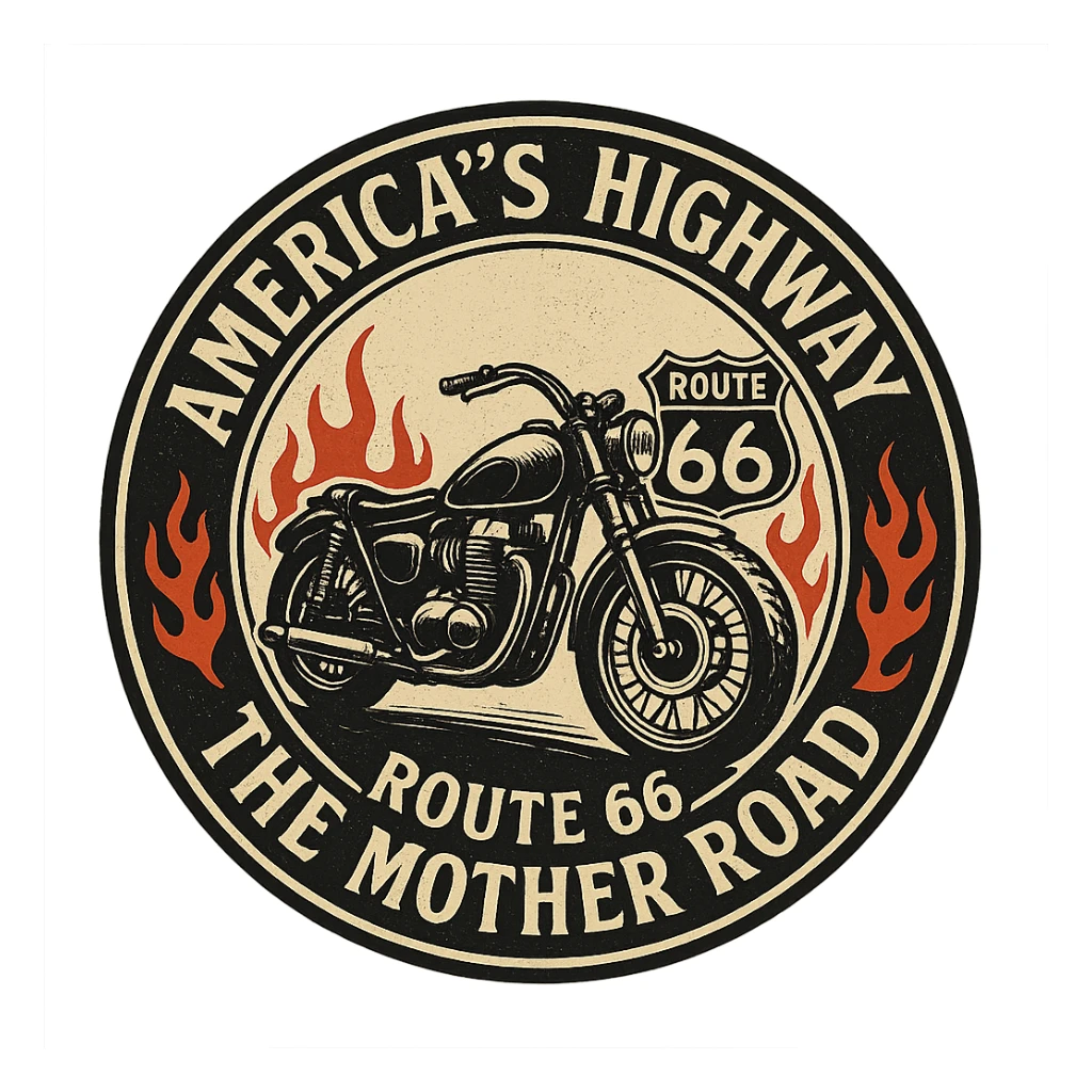 circular design for motorcycle cap, transparent background, text 'AMERICA'S HIGHWAY - ROUTE 66 - THE MOTHER ROAD', motif: motorcycle, flame, Route 66 sign, classic style sticker