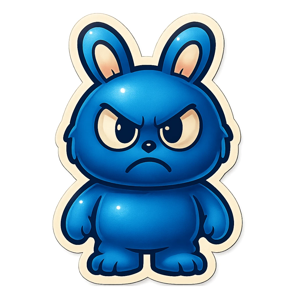 Change the blue bunny character's face to an angry, frowning expression, keeping the same retro stickers style. sticker