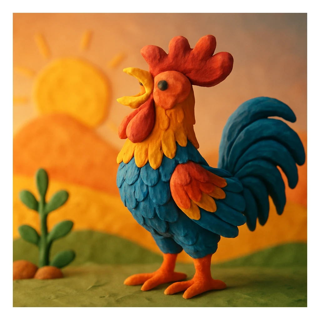 rooster crowing at sunrise, vibrant colors, soft lighting, detailed feathers in claymation style sticker